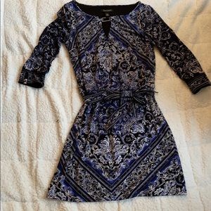 Navy blue belted print dress with silver accents